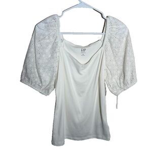 Gap T-Shirt Women's Medium Modern Tee Puff Sleeve Eyelet Boho Tie Casual NWT